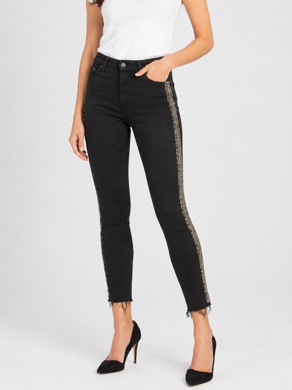NWT MOTHER High Waisted Looker Ankle Fray Guilty Flash Beaded Black Jeans